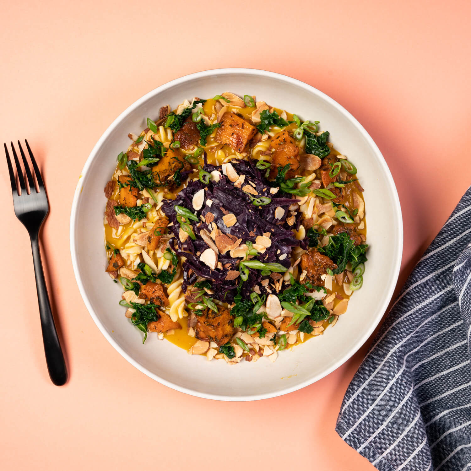 Family Meal: Creamy Squash Pasta with Braised Red Cabbage, Almonds, and Sage